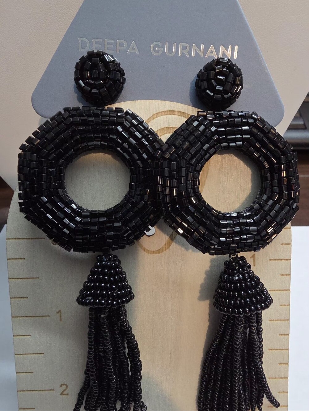 Deepa Gurnani Handmade Black Beaded Statement Tassel Earrings